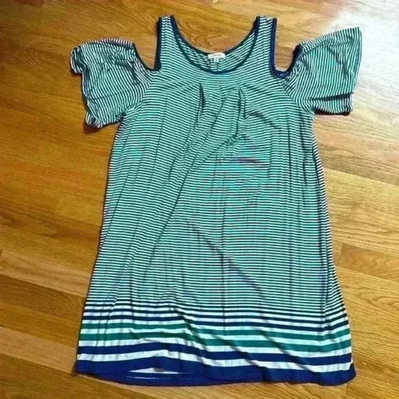 Max Studio Blue, White and Green Striped Knee Length On Off Shoulder Dress - Picture 1 of 5